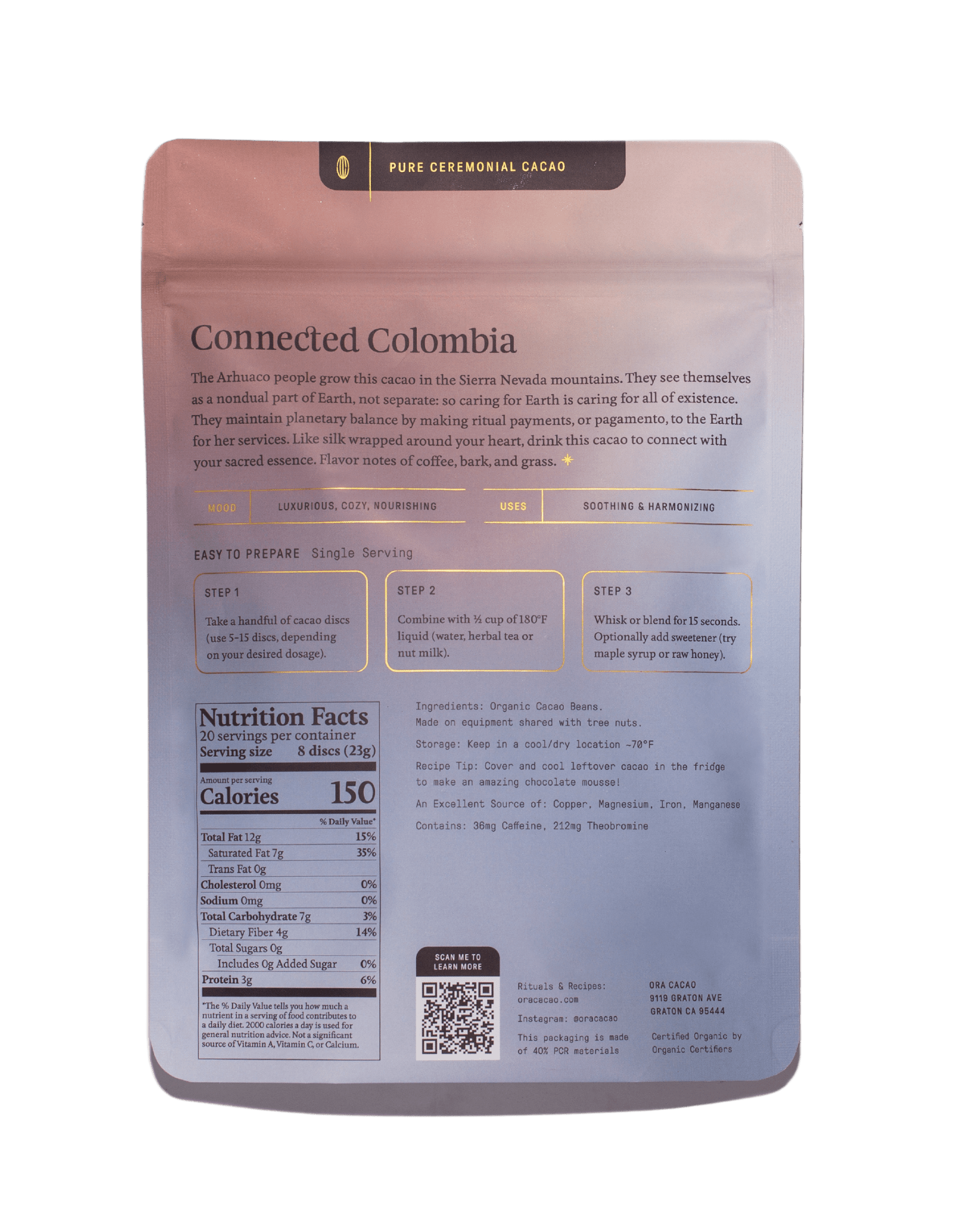 Connected Colombia (1oz) Baking Chocolate Pure 100% Ceremonial Cacao Ora Cacao