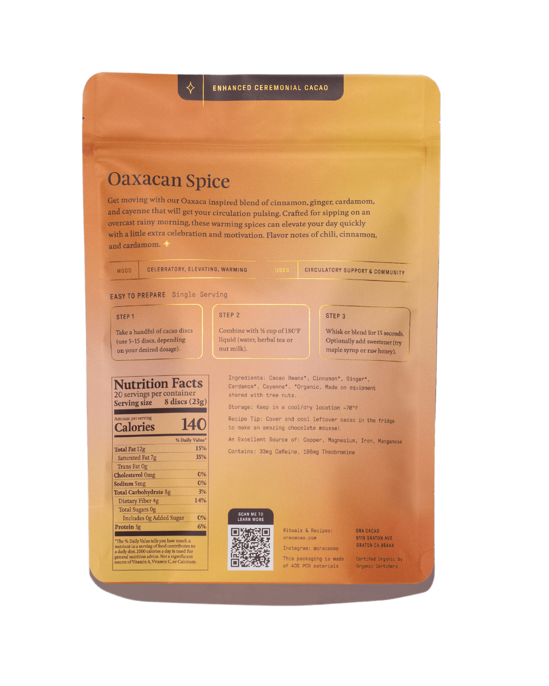 Oaxacan Spice (1oz) Baking Chocolate Enhanced 100% Ceremonial Cacao Ora Cacao