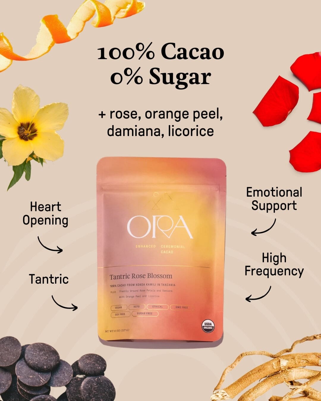 Tantric Rose Blossom (1oz) Baking Chocolate Enhanced 100% Ceremonial Cacao Ora Cacao