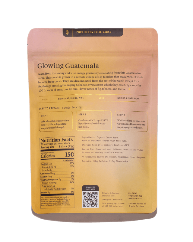Glowing Guatemala (1oz) Baking Chocolate Pure 100% Ceremonial Cacao Ora Cacao