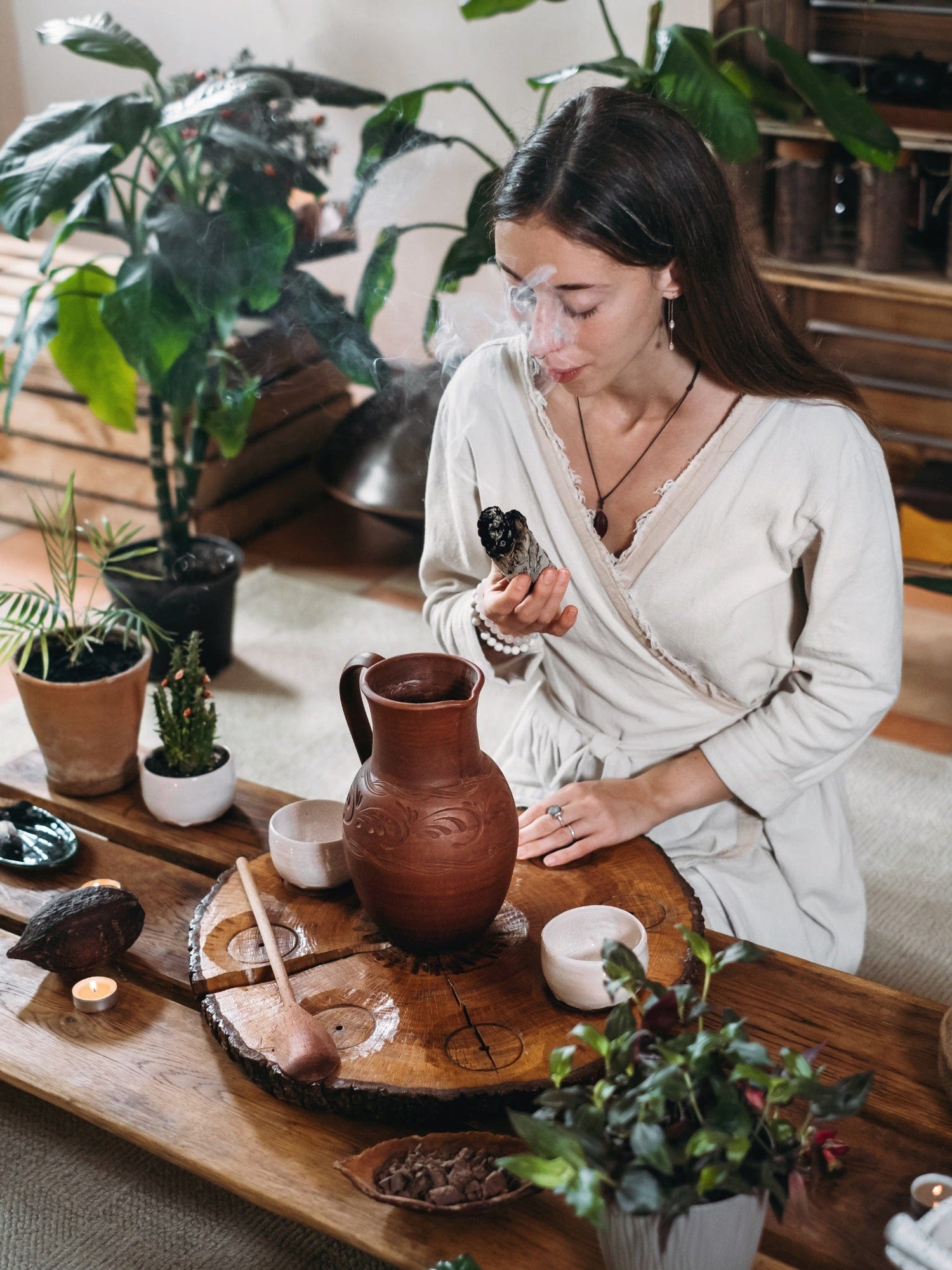 Depiction of a cacao ritual, blending serenity and heritage in a moment of intentional reflection