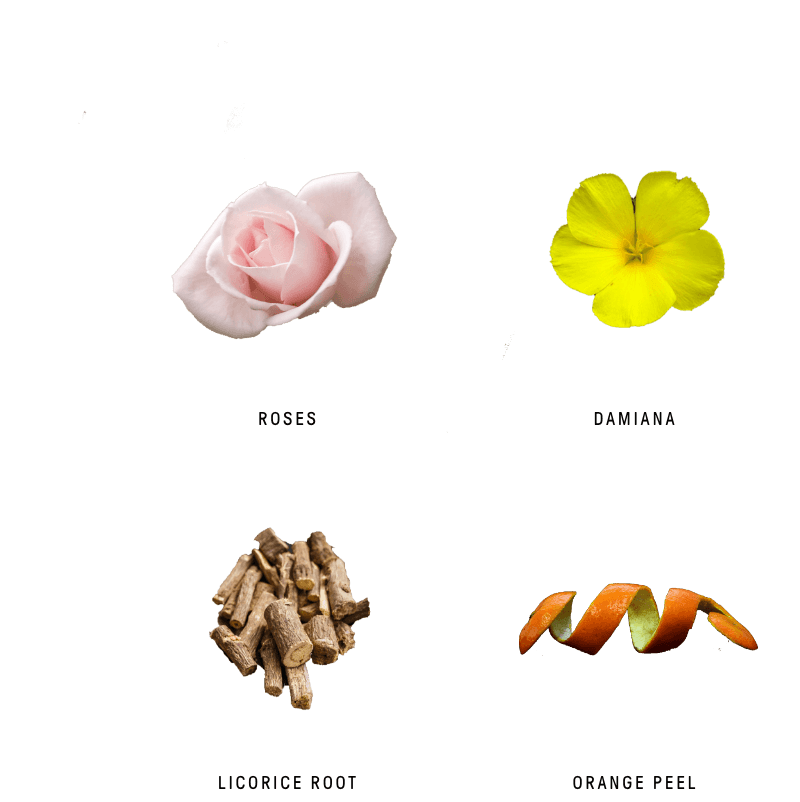 Image of ingredients for the Tantric Rose cacao blend, highlighting its natural components