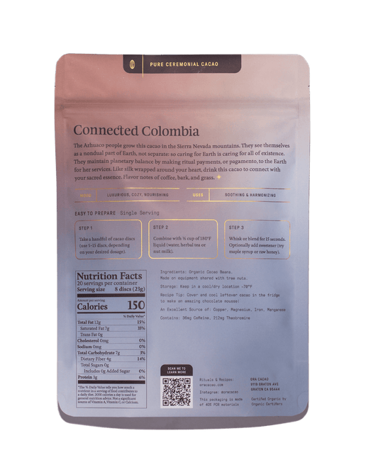 Connected Colombia (1oz) Baking Chocolate Pure 100% Ceremonial Cacao Ora Cacao