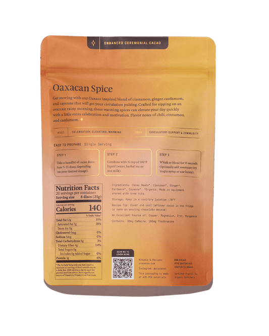 Oaxacan Spice (1oz) Baking Chocolate Enhanced 100% Ceremonial Cacao Ora Cacao
