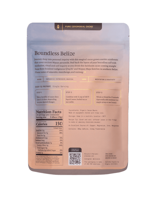 Boundless Belize (1oz) Baking Chocolate Pure 100% Ceremonial Cacao Ora Cacao